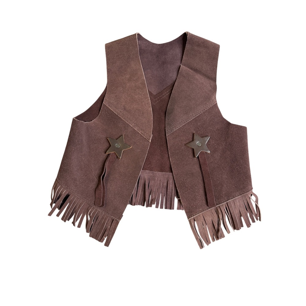 Vintage 90s Fringe Star Suede Vest Kids M Brown Western Cowboy Rodeo Costume Top